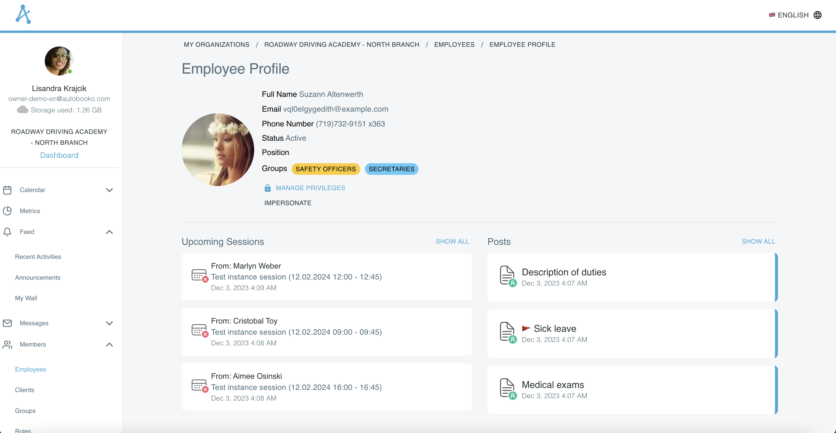 Employee profile with personal data, upcoming sessions, posts, and edit privilege button